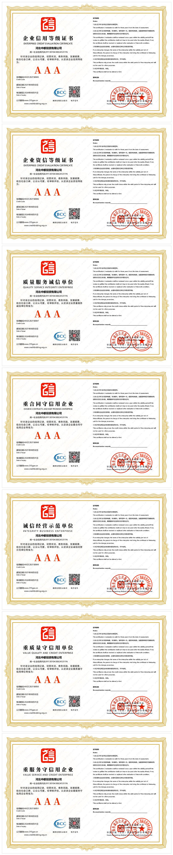 熱烈祝賀河北中都投資有限公司獲得3A級企業信用等級證書